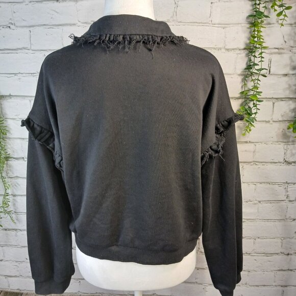 THE VINTAGE SHOP 1/4 ZIP FLEECE PULLOVER COLLARED TOP, BLACK, RUFFLED, SZ LARGE - Picture 8 of 10